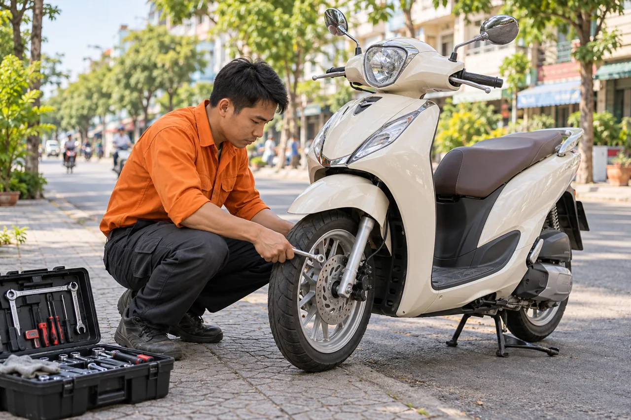 Ảnh AI minh họa thợ kiểm tra xe máy tại vị trí dừng an toàn ven đường