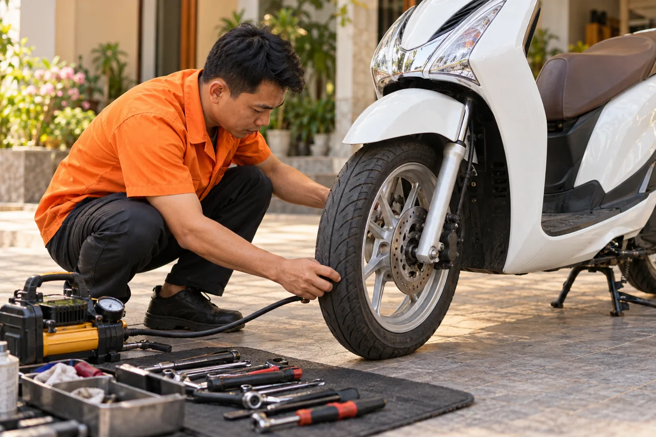 Ảnh AI minh họa kiểm tra lốp xe máy bằng thiết bị di động